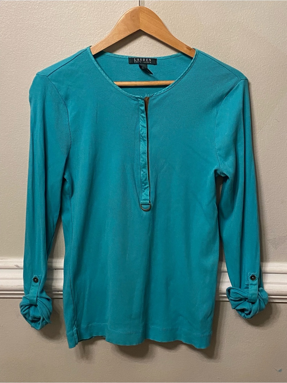 LAUREN Ralph Lauren Women's Teal ILong-Sleeve Henley Top